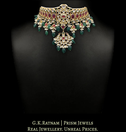 18k Gold and Diamond Polki south-style Choker Necklace enhanced with emerald-grade Green Beryls - G. K. Ratnam