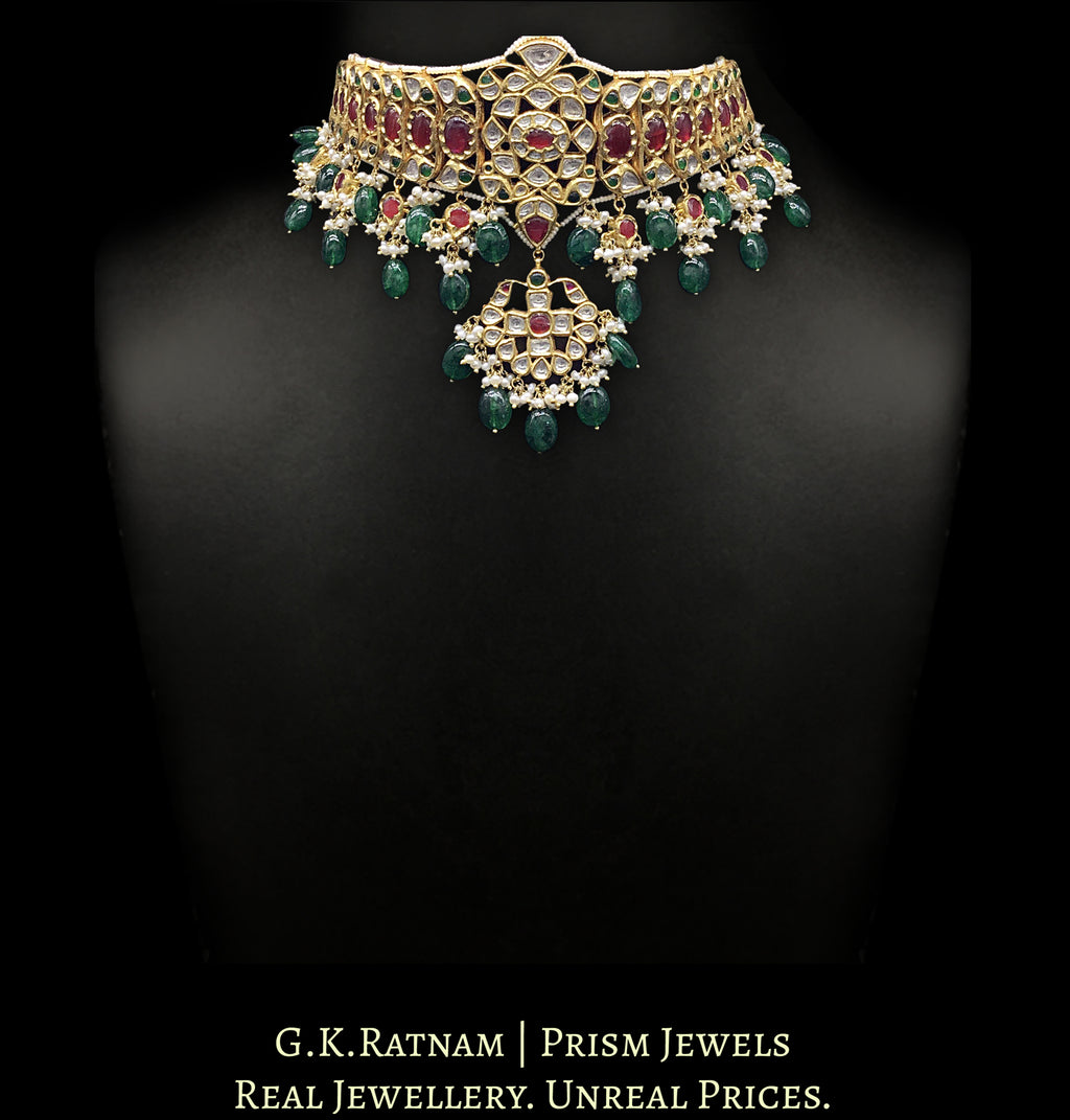18k Gold and Diamond Polki south-style Choker Necklace enhanced with emerald-grade Green Beryls