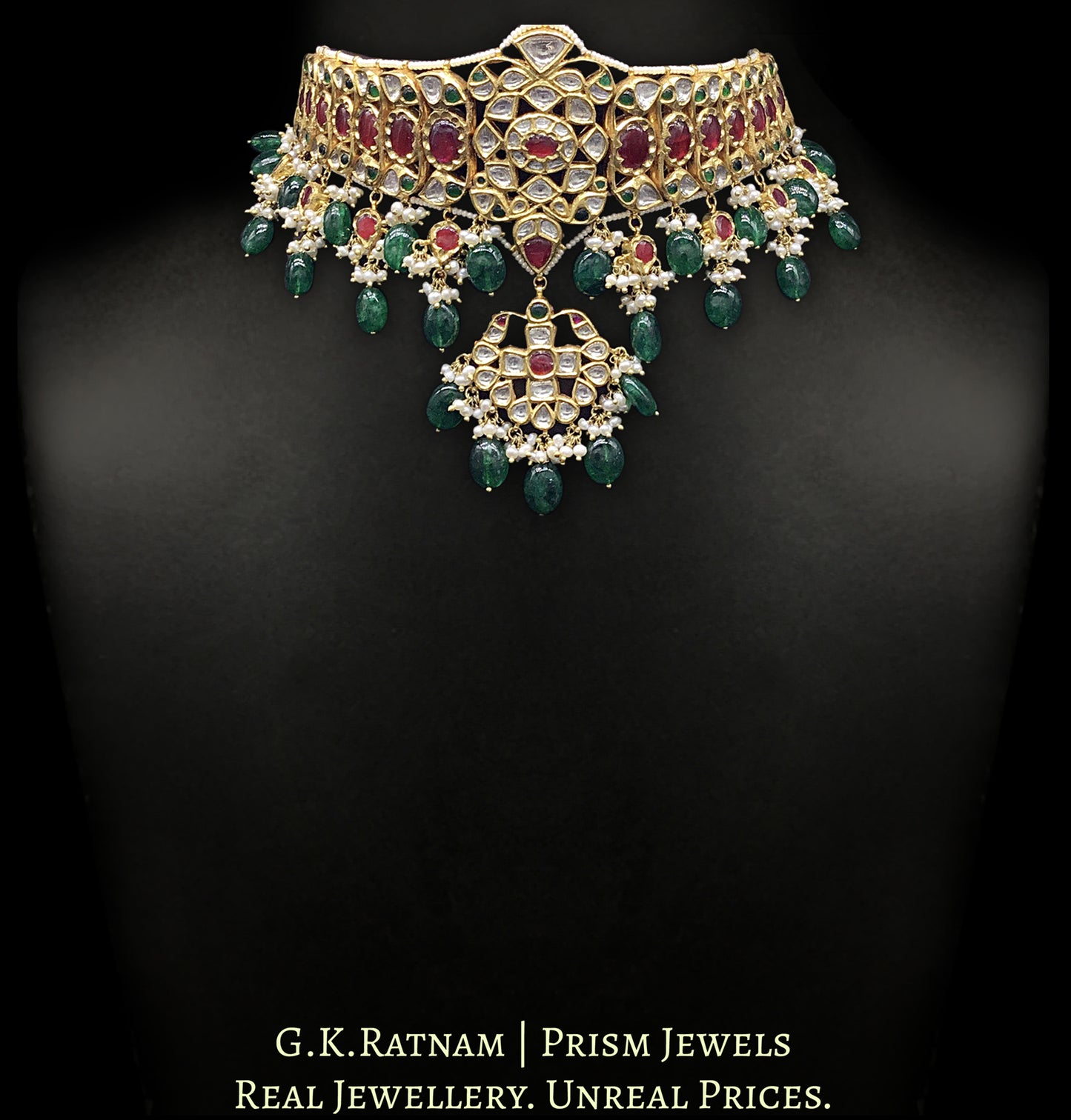 18k Gold and Diamond Polki south-style Choker Necklace enhanced with emerald-grade Green Beryls - G. K. Ratnam