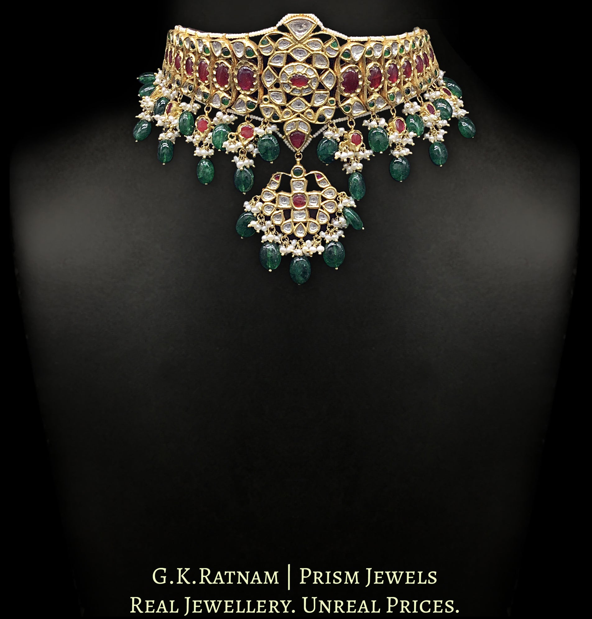 18k Gold and Diamond Polki south-style Choker Necklace enhanced with emerald-grade Green Beryls - G. K. Ratnam