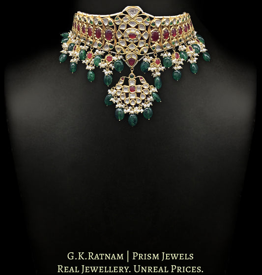 18k Gold and Diamond Polki south-style Choker Necklace enhanced with emerald-grade Green Beryls - G. K. Ratnam