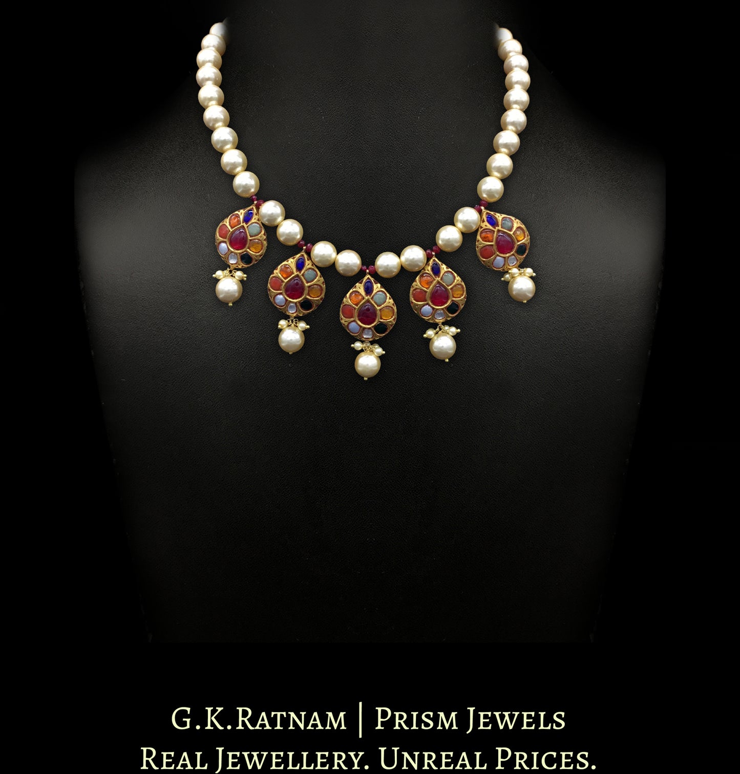 23k Gold and Diamond Polki Navratna Necklace with five pear-shaped tikdas strung in shell pearls - G. K. Ratnam