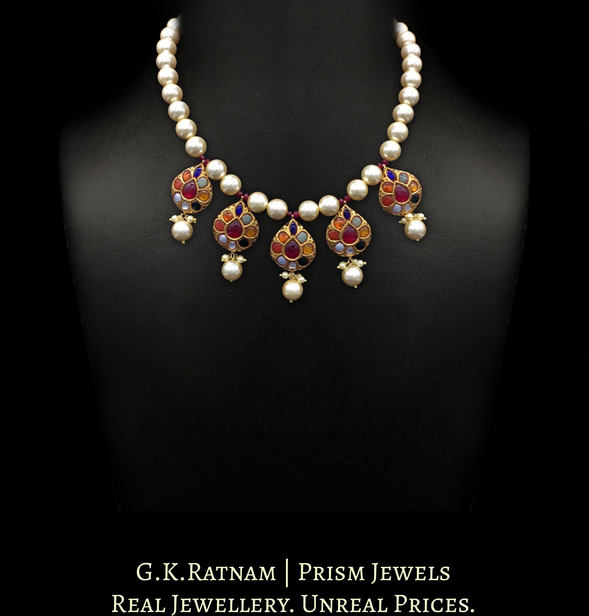 23k Gold and Diamond Polki Navratna Necklace with five pear-shaped tikdas strung in shell pearls - G. K. Ratnam