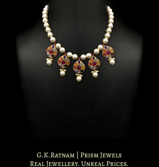 23k Gold and Diamond Polki Navratna Necklace with five pear-shaped tikdas strung in shell pearls - G. K. Ratnam
