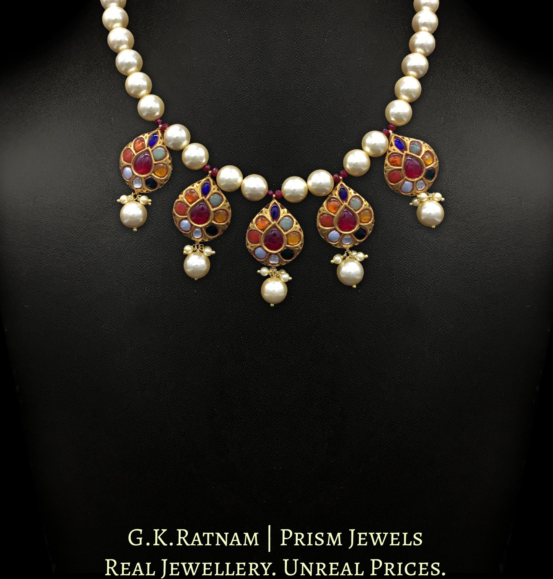23k Gold and Diamond Polki Navratna Necklace with five pear-shaped tikdas strung in shell pearls - G. K. Ratnam
