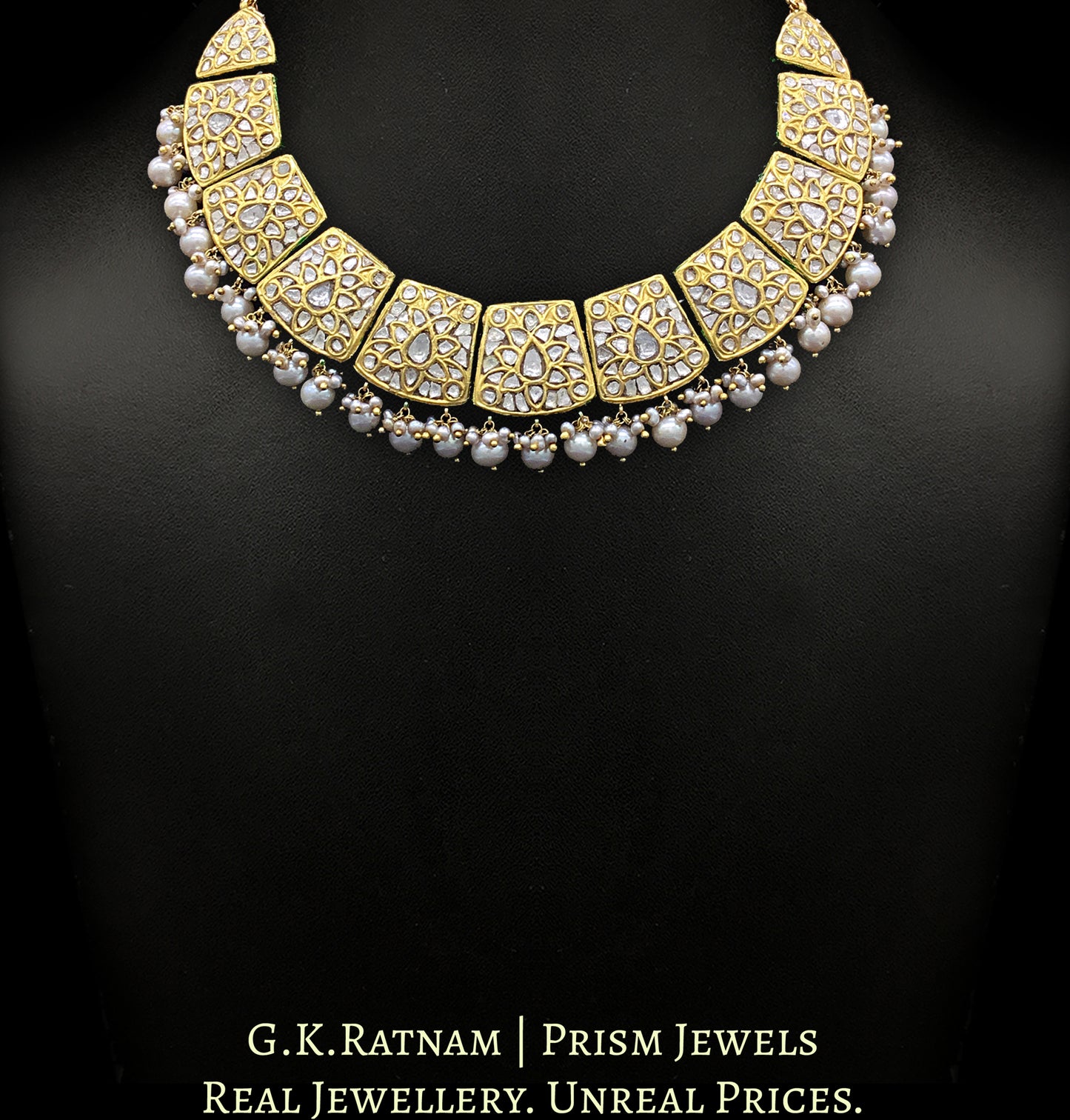 23k Gold and Diamond Polki Necklace Set with Antiqued Hyderabadi Pearls and Aventurine Quartz Melons - G. K. Ratnam