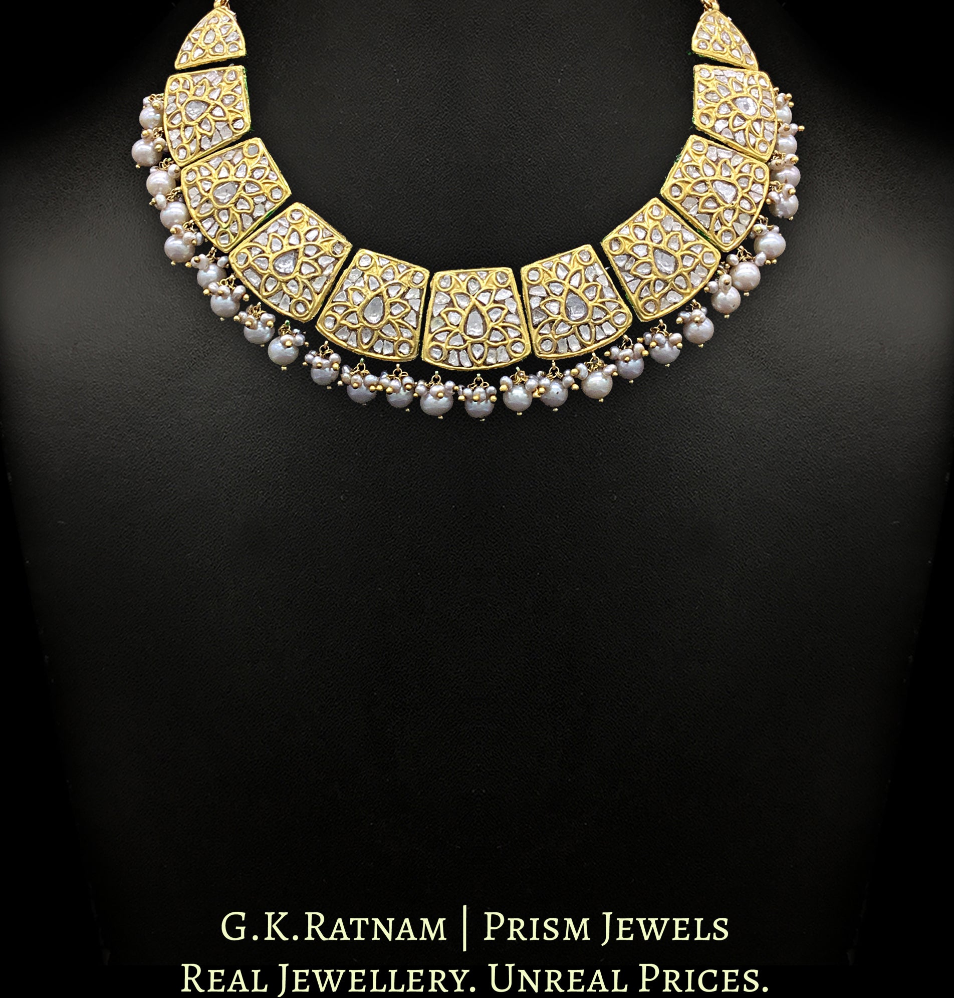 23k Gold and Diamond Polki Necklace Set with Antiqued Hyderabadi Pearls and Aventurine Quartz Melons - G. K. Ratnam