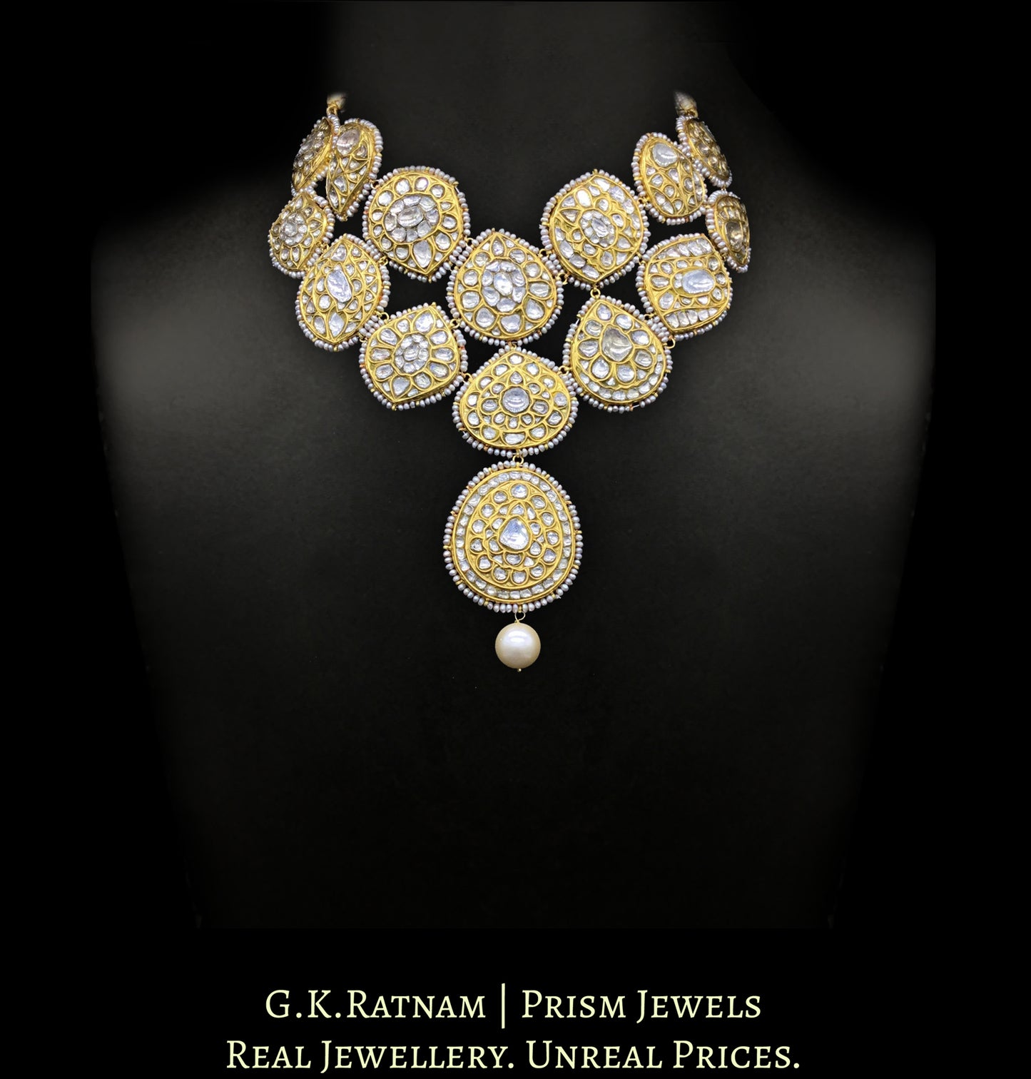 18k Gold and Diamond Polki Hybrid Necklace with Antique Hyderabadi Pearl Rimming - G. K. Ratnam