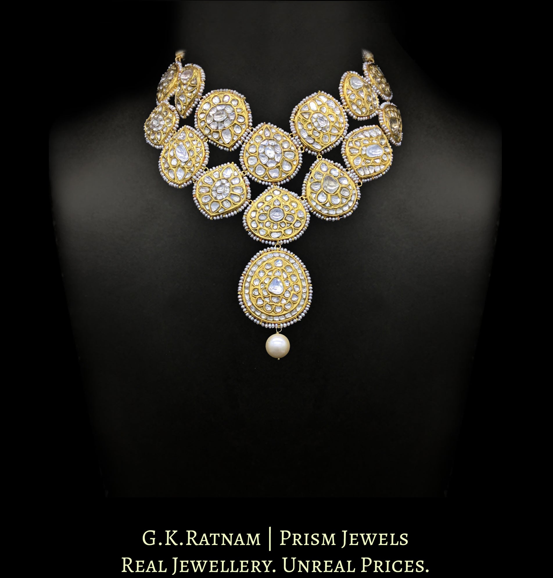18k Gold and Diamond Polki Hybrid Necklace with Antique Hyderabadi Pearl Rimming - G. K. Ratnam