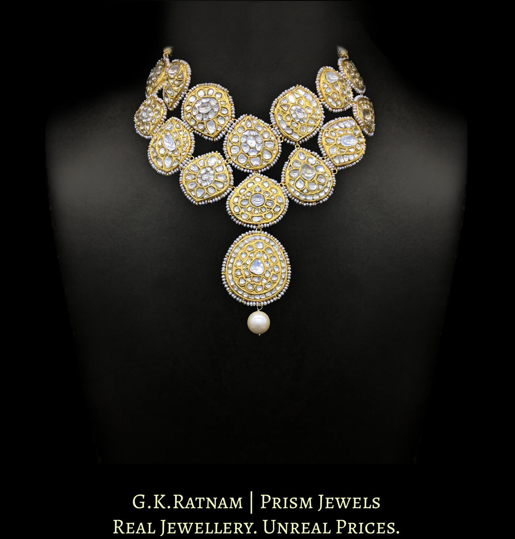 18k Gold and Diamond Polki Hybrid Necklace with Antique Hyderabadi Pearl Rimming