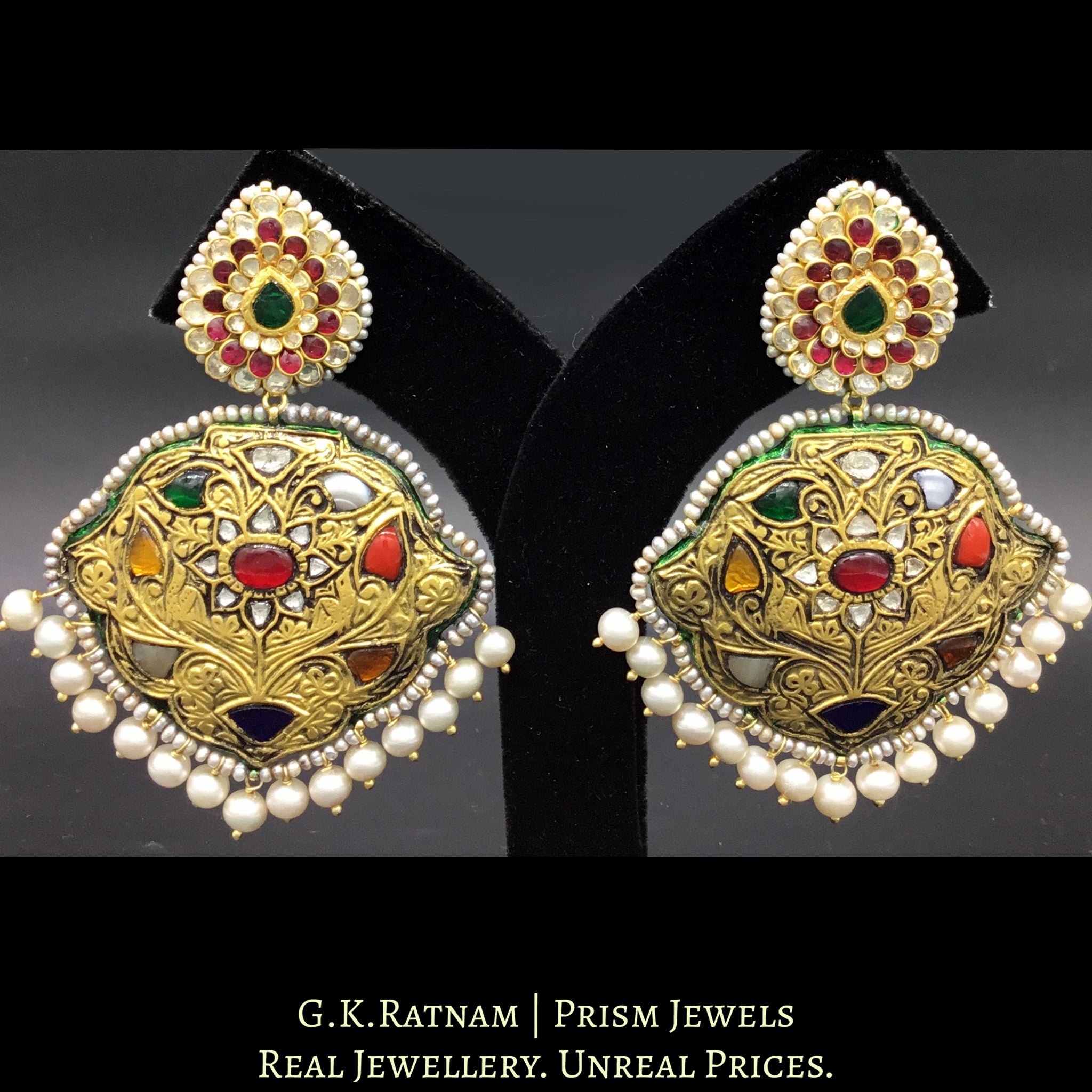 23k Gold and Diamond Polki antique Long Earring Pair with pear-shaped Pacchi Tops