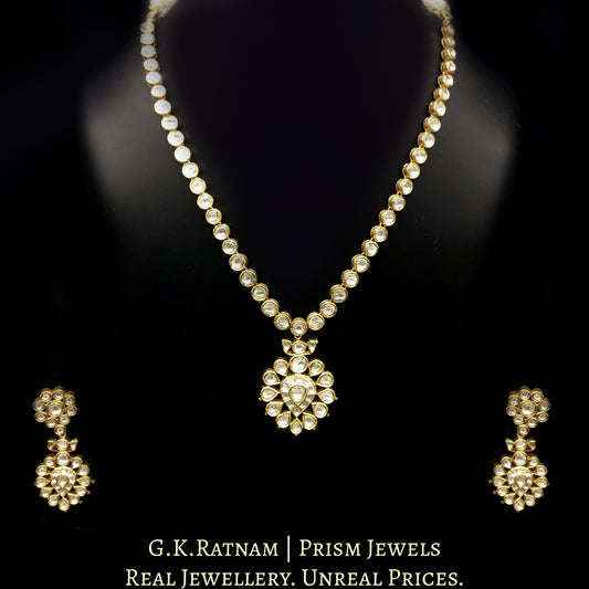18k Gold and Diamond Polki single line Necklace Set with perfect round-shaped tikdas