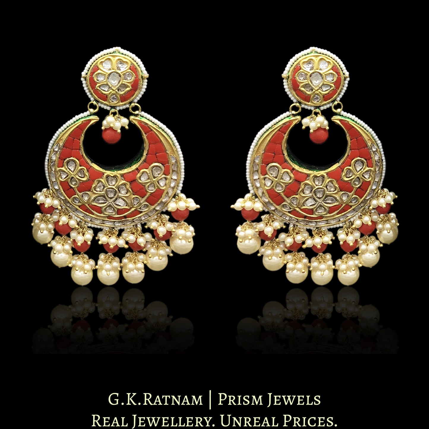 23k Gold and Diamond Polki Chand Bali Earring Pair with Coral setting - G. K. Ratnam