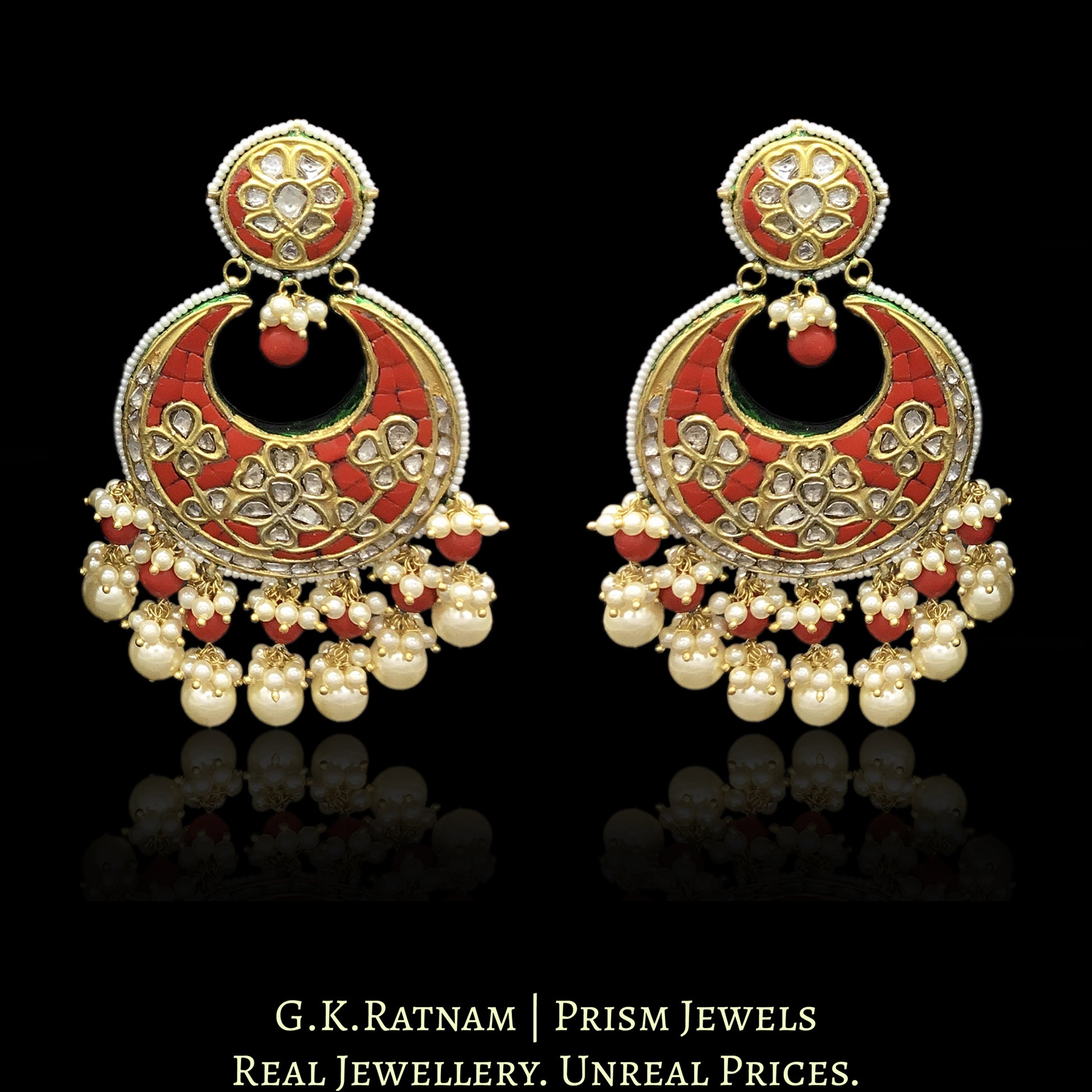 23k Gold and Diamond Polki Chand Bali Earring Pair with Coral setting - G. K. Ratnam