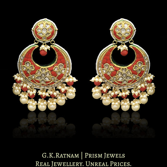 23k Gold and Diamond Polki Chand Bali Earring Pair with Coral setting - G. K. Ratnam
