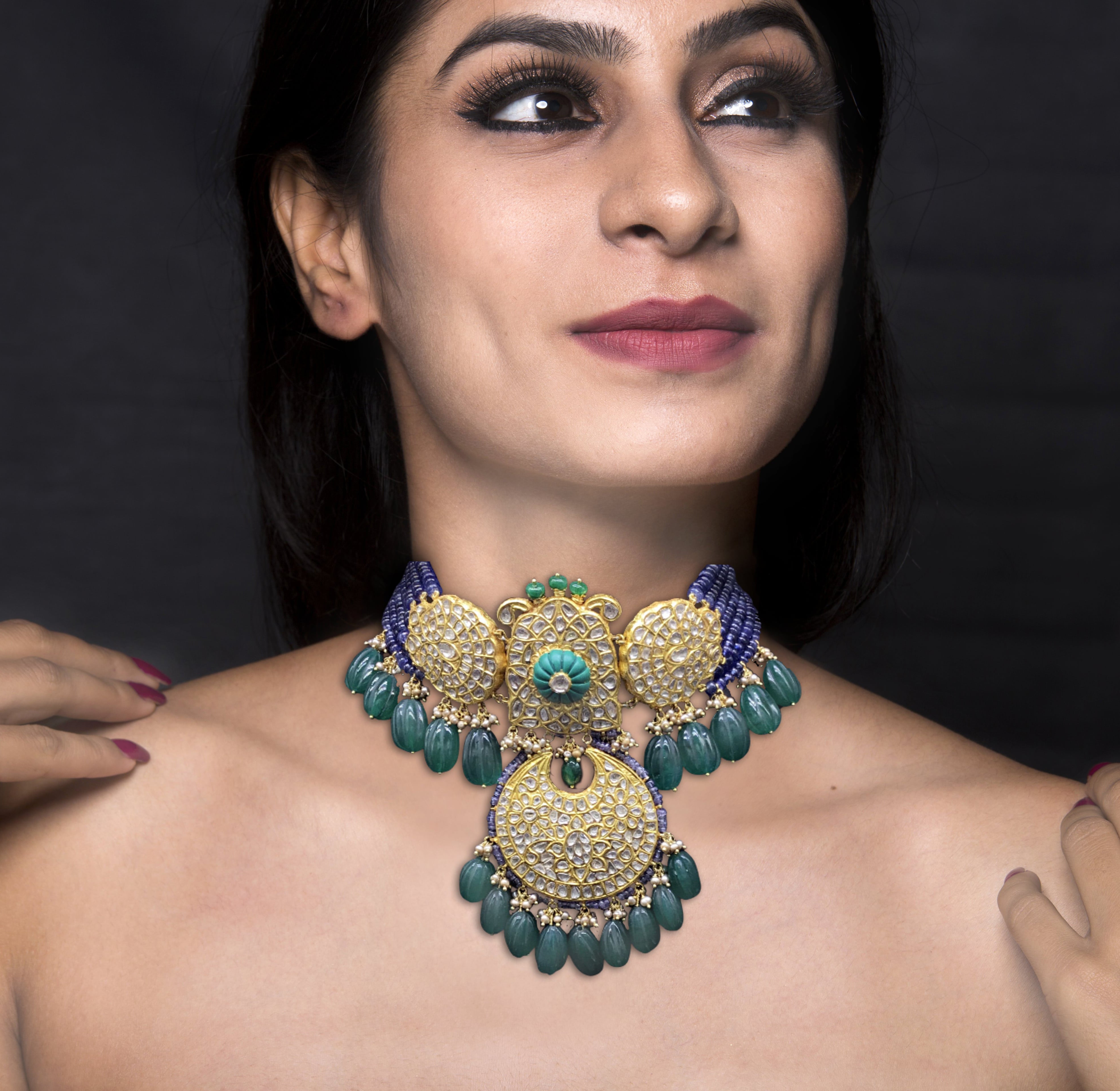 23k Gold and Diamond Polki Choker Necklace with Blue Sapphires and Green Quartz Melons
