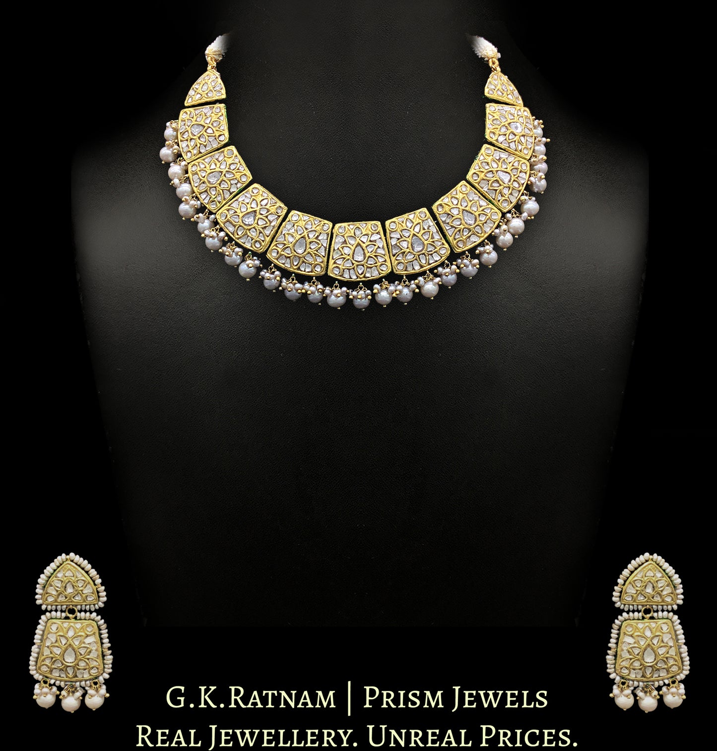 23k Gold and Diamond Polki Necklace Set with Antiqued Hyderabadi Pearls and Aventurine Quartz Melons - G. K. Ratnam