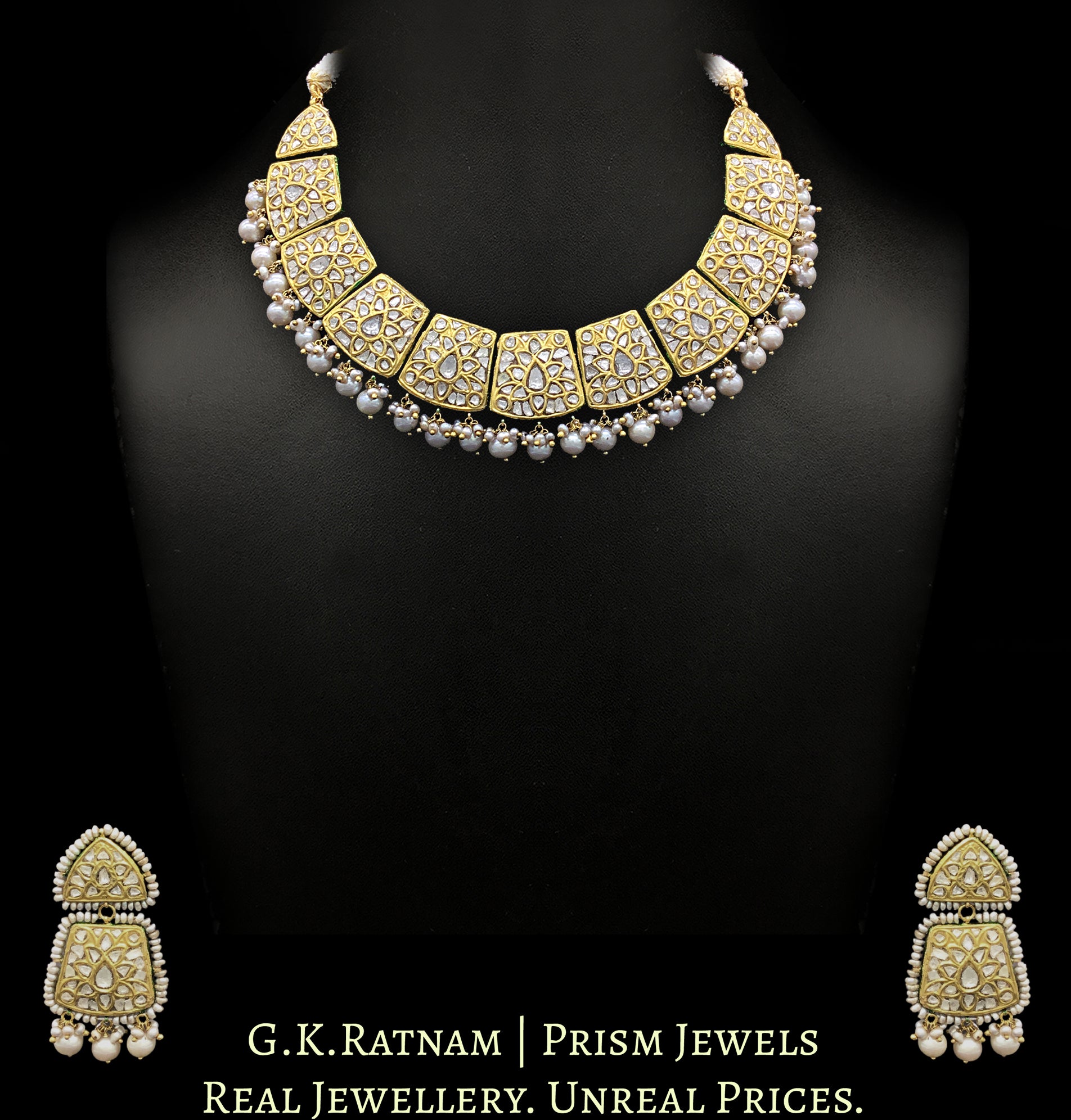 23k Gold and Diamond Polki Necklace Set with Antiqued Hyderabadi Pearls and Aventurine Quartz Melons - G. K. Ratnam
