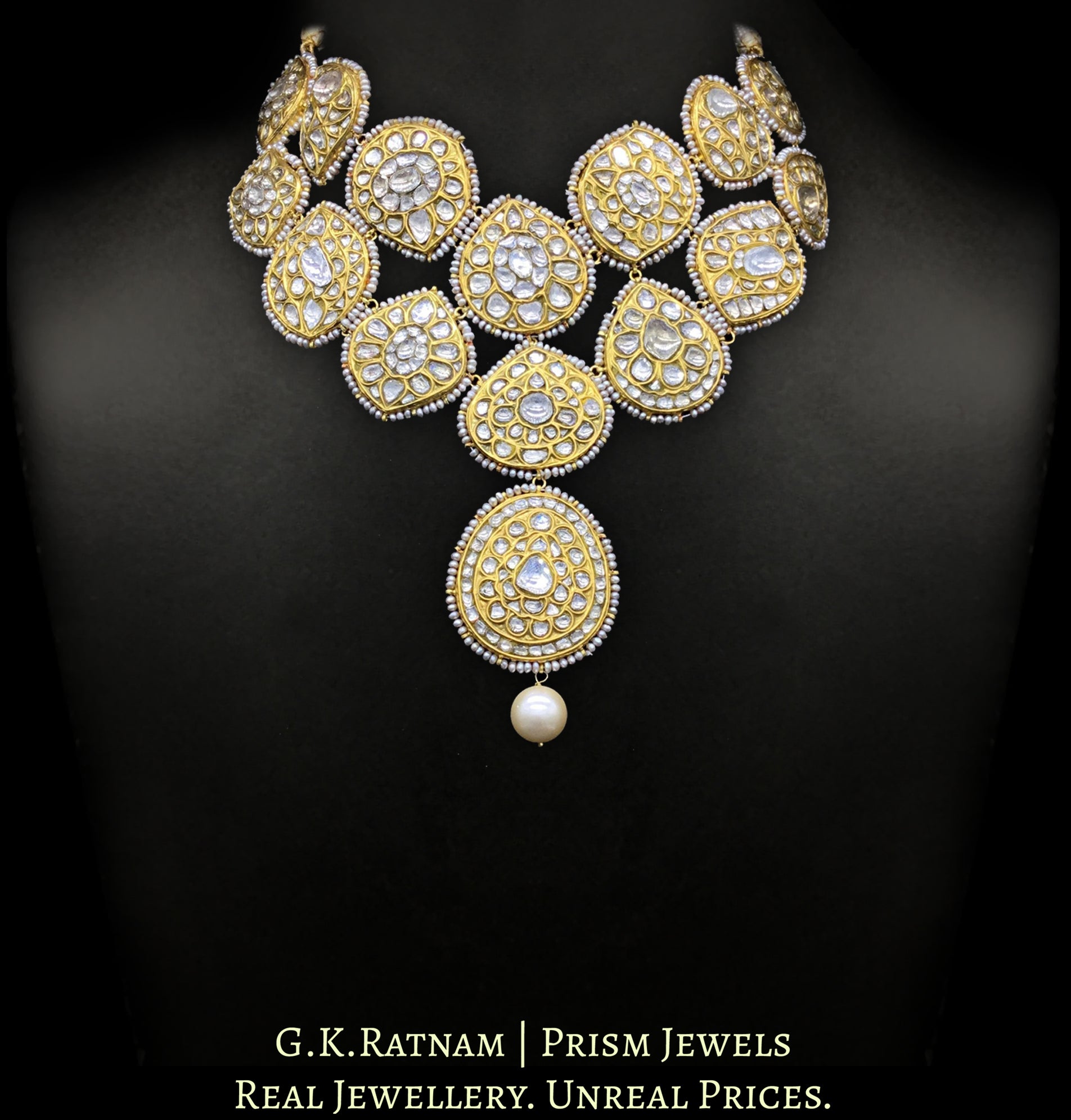 18k Gold and Diamond Polki Hybrid Necklace with Antique Hyderabadi Pearl Rimming