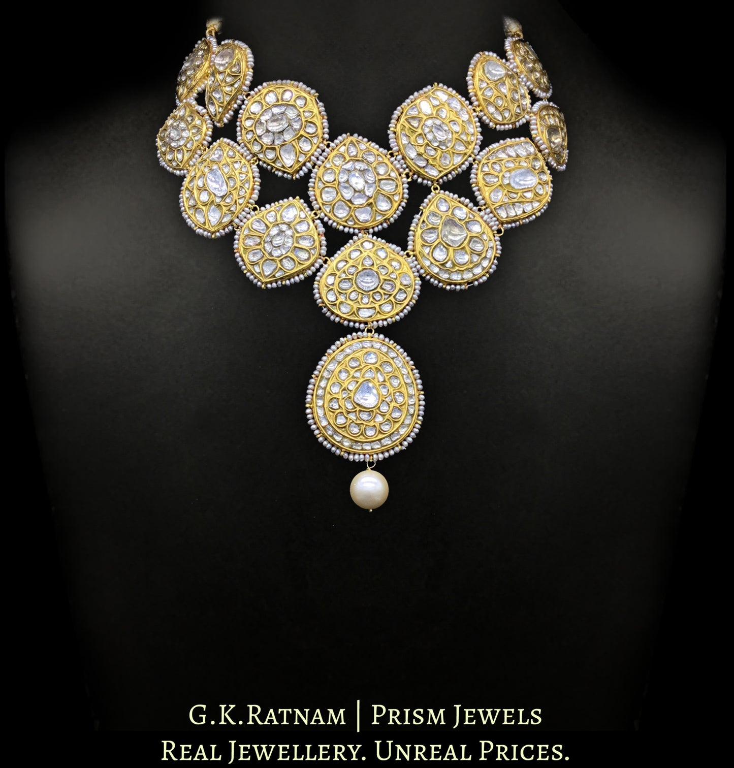 18k Gold and Diamond Polki Hybrid Necklace with Antique Hyderabadi Pearl Rimming - G. K. Ratnam