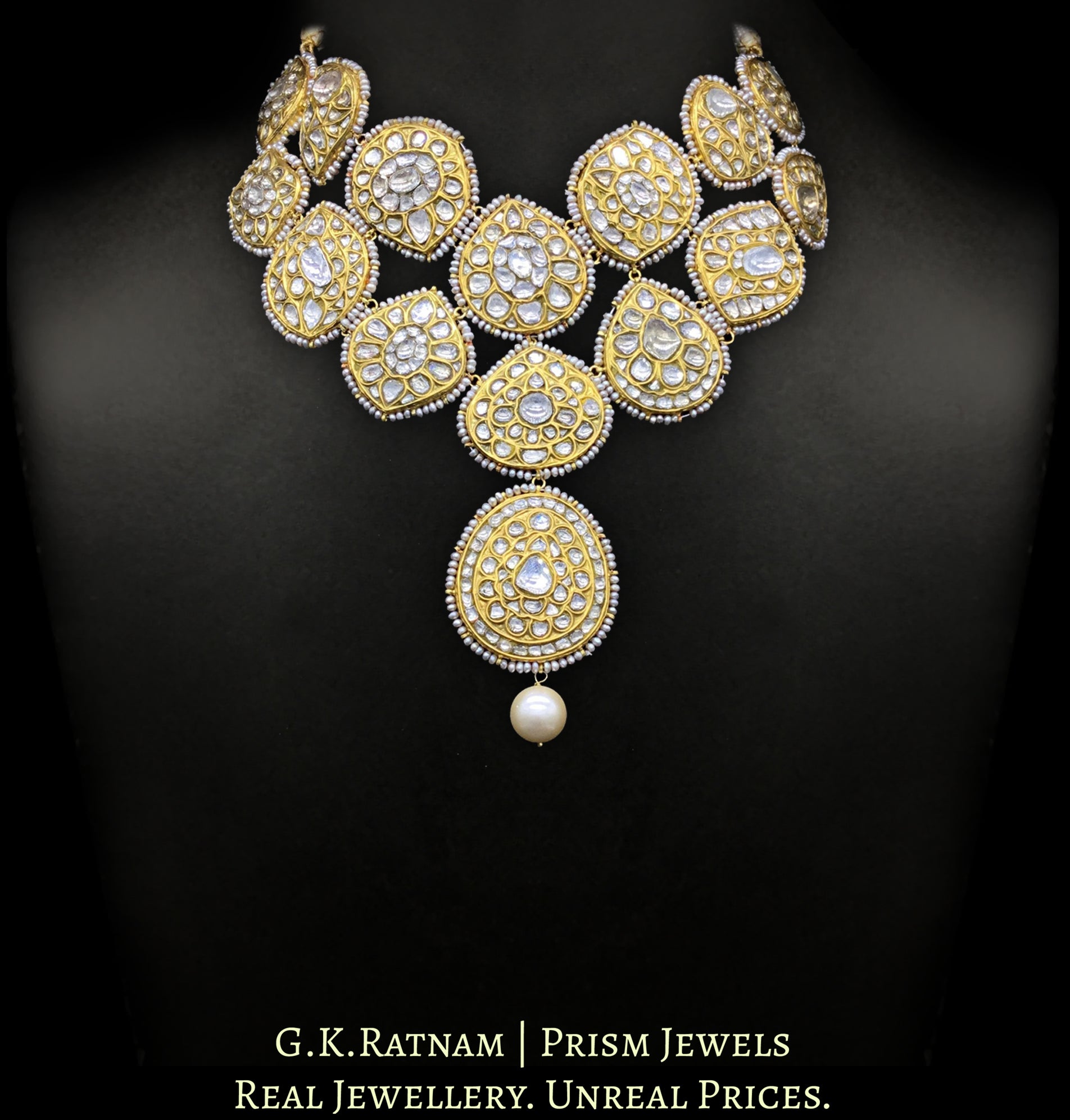 18k Gold and Diamond Polki Hybrid Necklace with Antique Hyderabadi Pearl Rimming - G. K. Ratnam