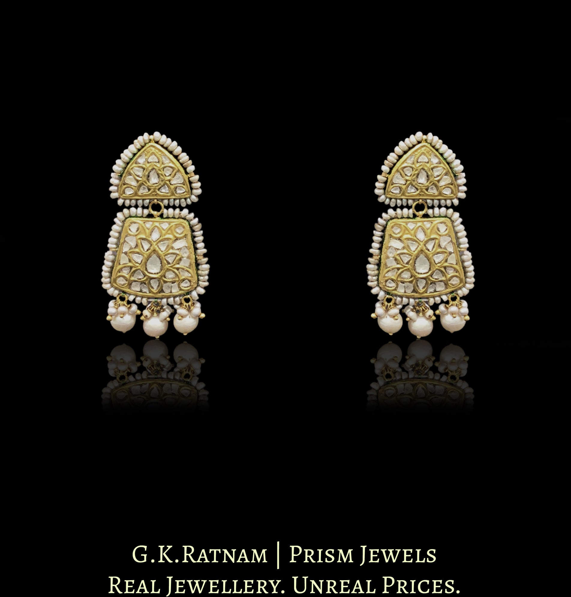 23k Gold and Diamond Polki Necklace Set with Antiqued Hyderabadi Pearls and Aventurine Quartz Melons - G. K. Ratnam