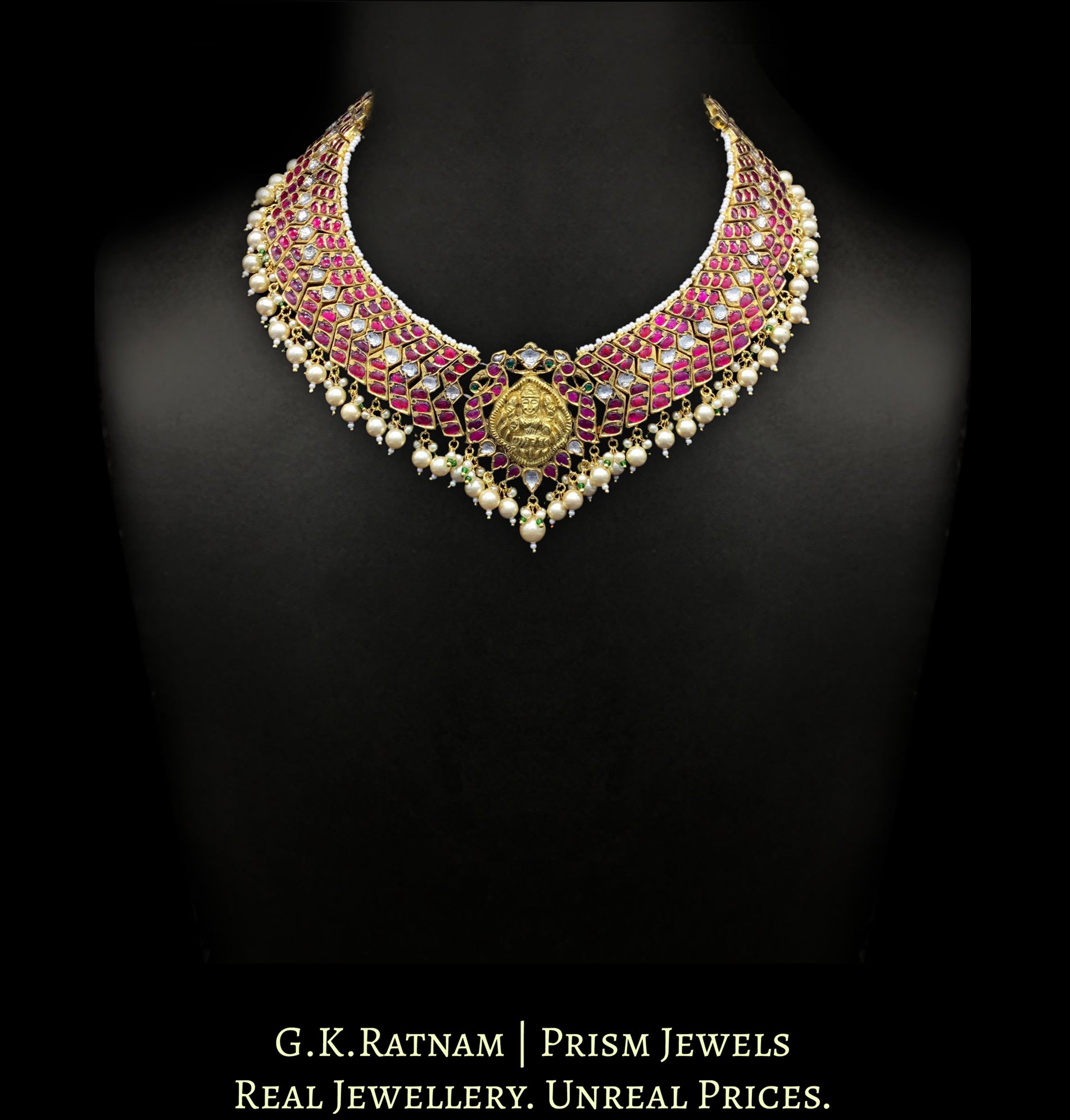 22k Gold and Diamond Polki Necklace with a blend of south, temple and jadau artforms - G. K. Ratnam