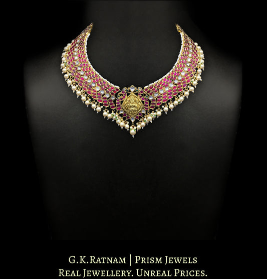 22k Gold and Diamond Polki Necklace with a blend of south, temple and jadau artforms - G. K. Ratnam
