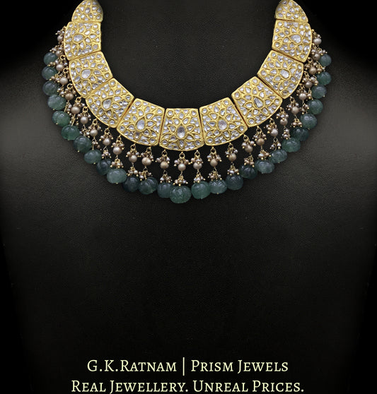 23k Gold and Diamond Polki Necklace Set with Antiqued Hyderabadi Pearls and Aventurine Quartz Melons - G. K. Ratnam