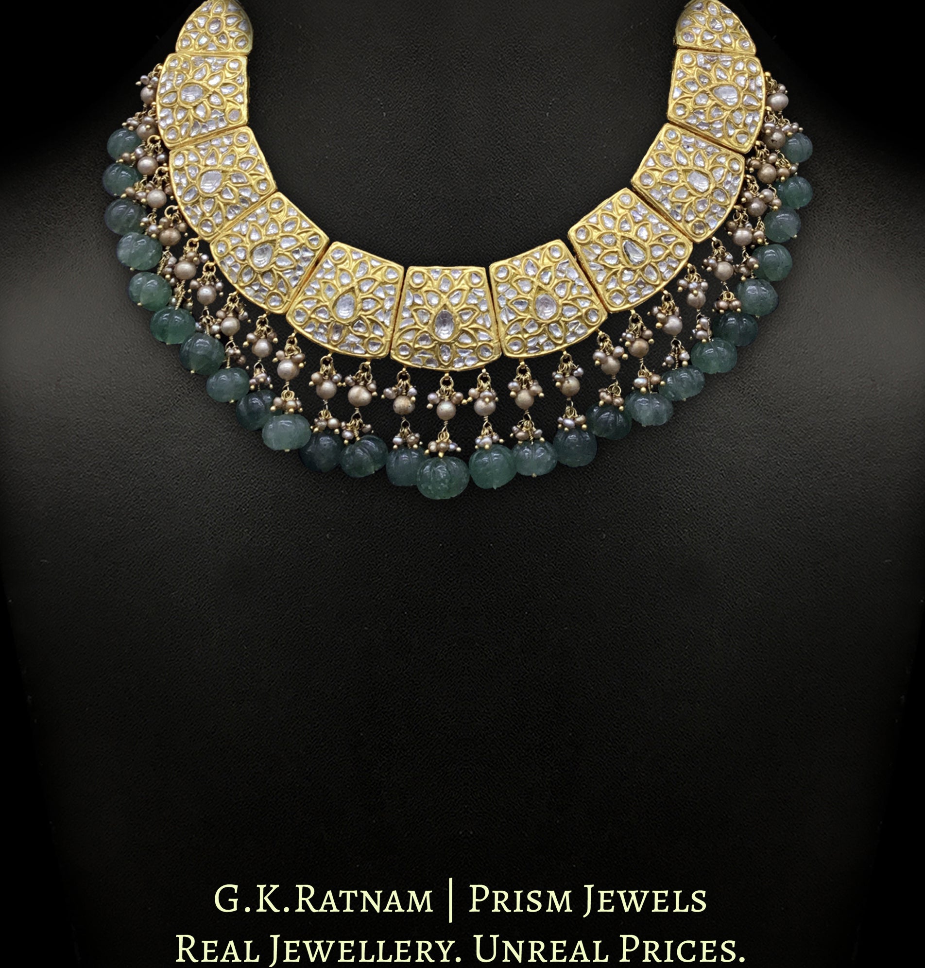23k Gold and Diamond Polki Necklace Set with Antiqued Hyderabadi Pearls and Aventurine Quartz Melons - G. K. Ratnam