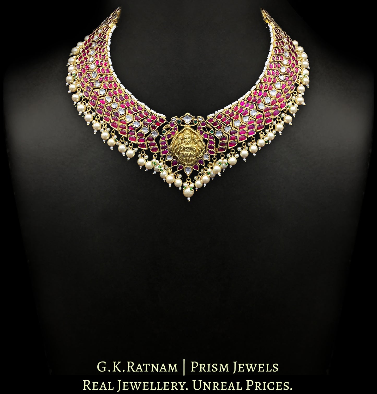 22k Gold and Diamond Polki Necklace with a blend of south, temple and jadau artforms - G. K. Ratnam