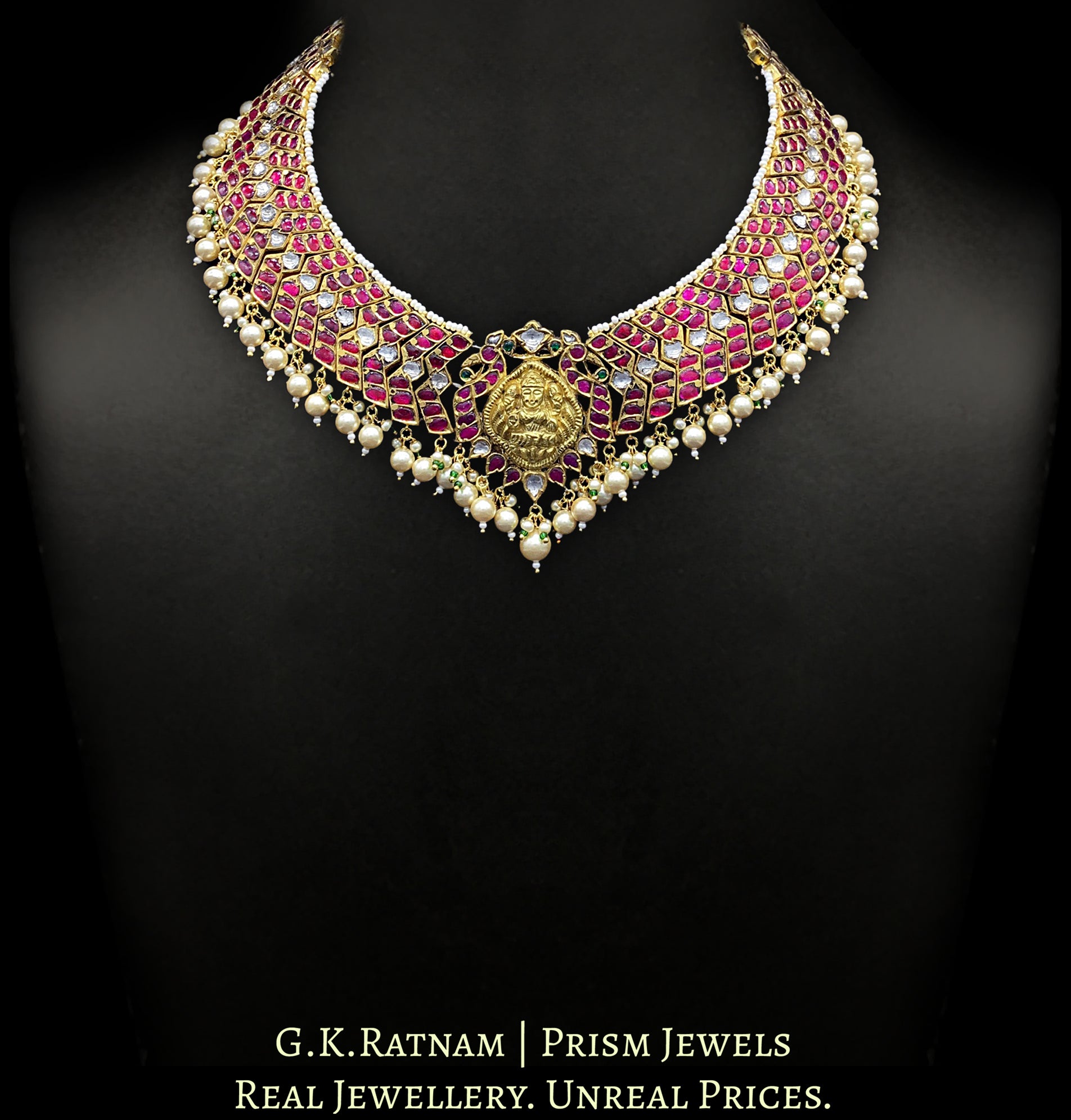 22k Gold and Diamond Polki Necklace with a blend of south, temple and jadau artforms - G. K. Ratnam