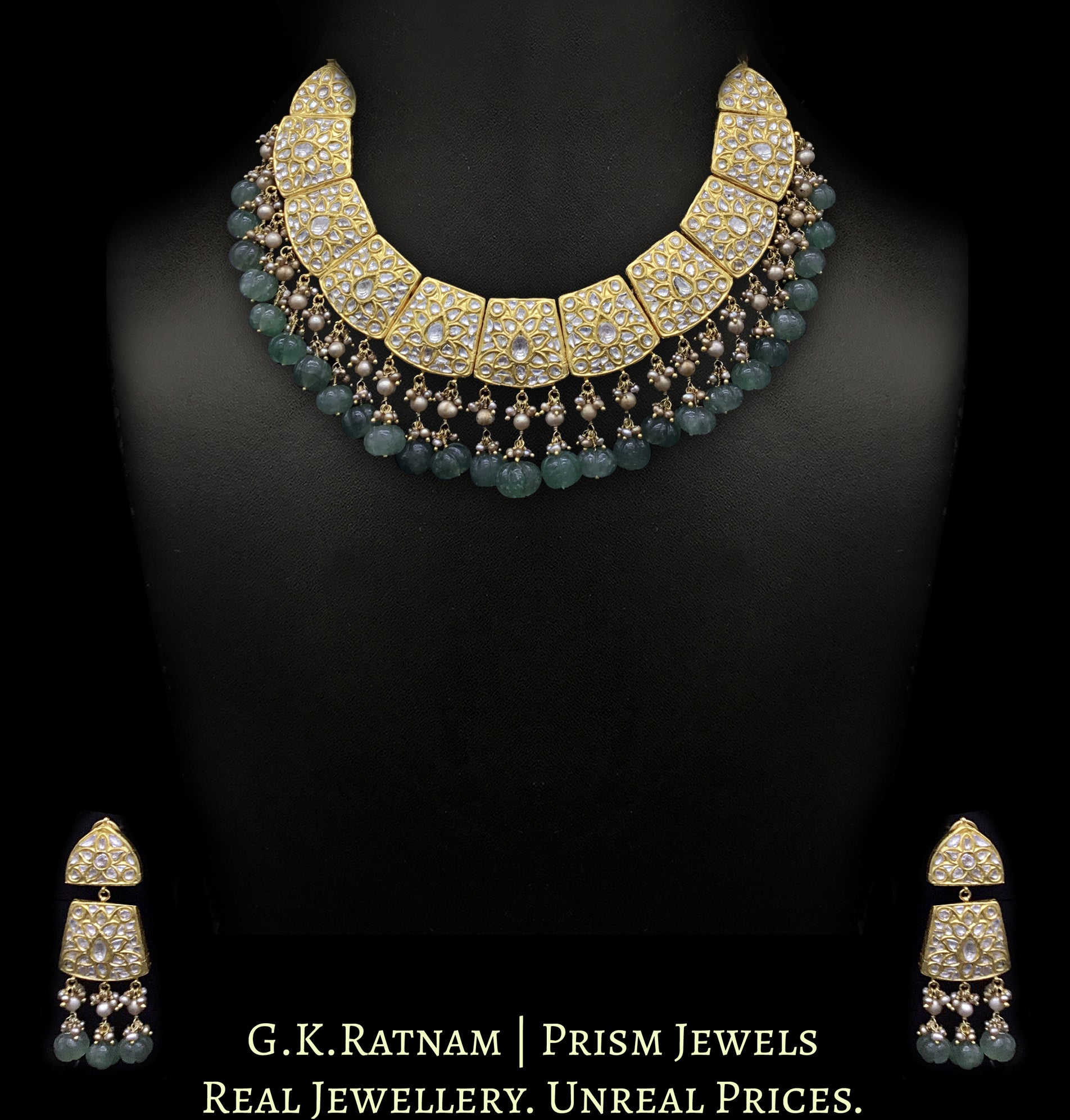 23k Gold and Diamond Polki Necklace Set with Antiqued Hyderabadi Pearls and Aventurine Quartz Melons - G. K. Ratnam