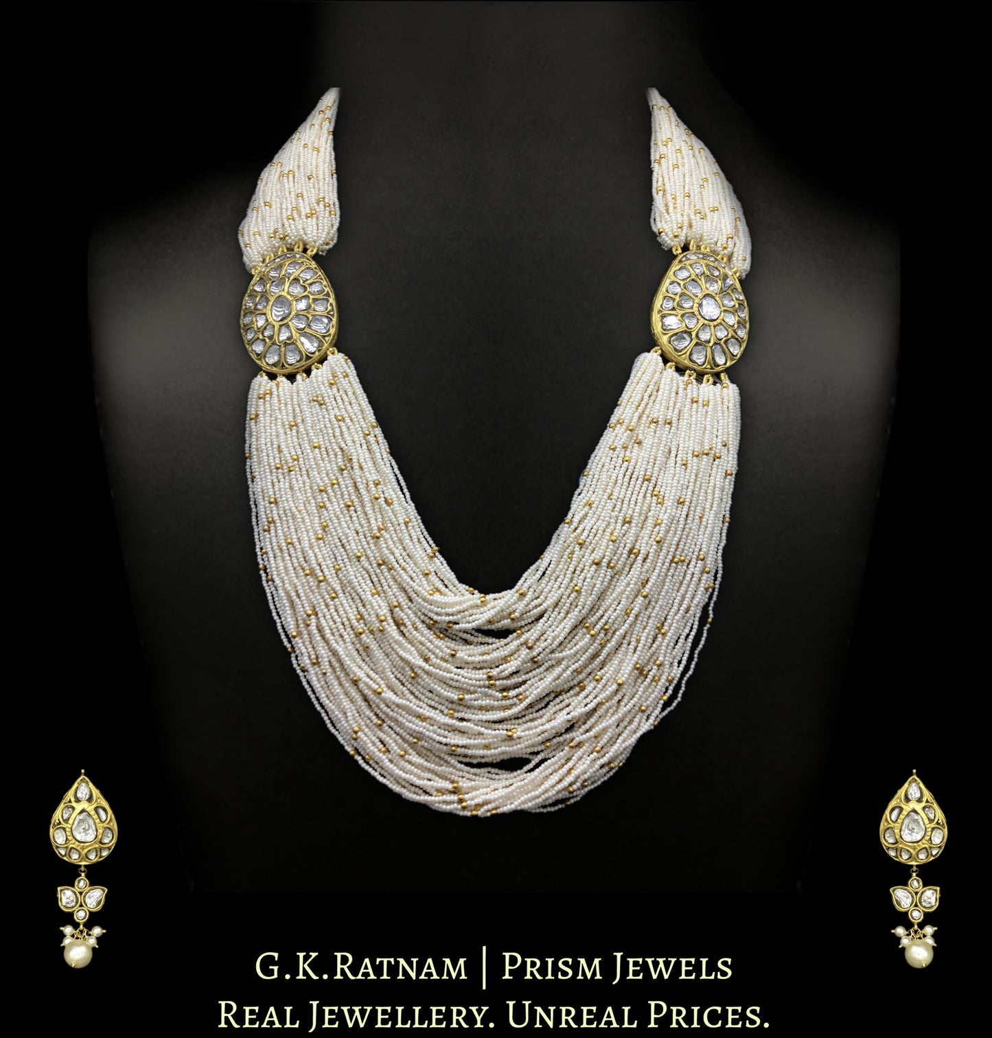 18k Gold and Diamond Polki Broach Necklace Set With Chid Pearl Bunches - G. K. Ratnam