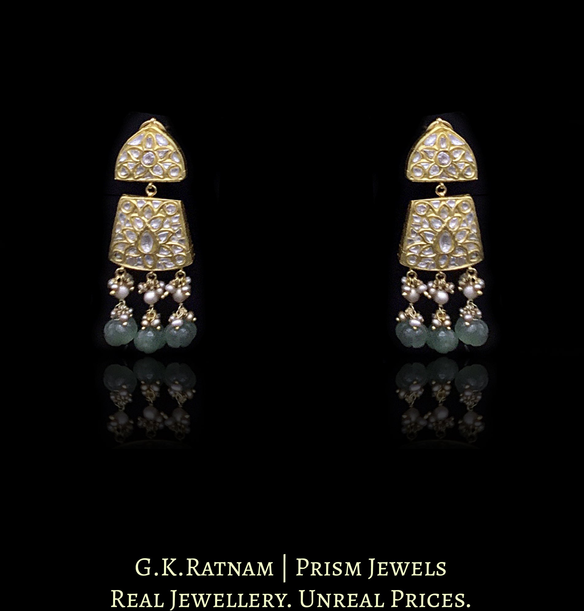 23k Gold and Diamond Polki Necklace Set with Antiqued Hyderabadi Pearls and Aventurine Quartz Melons - G. K. Ratnam