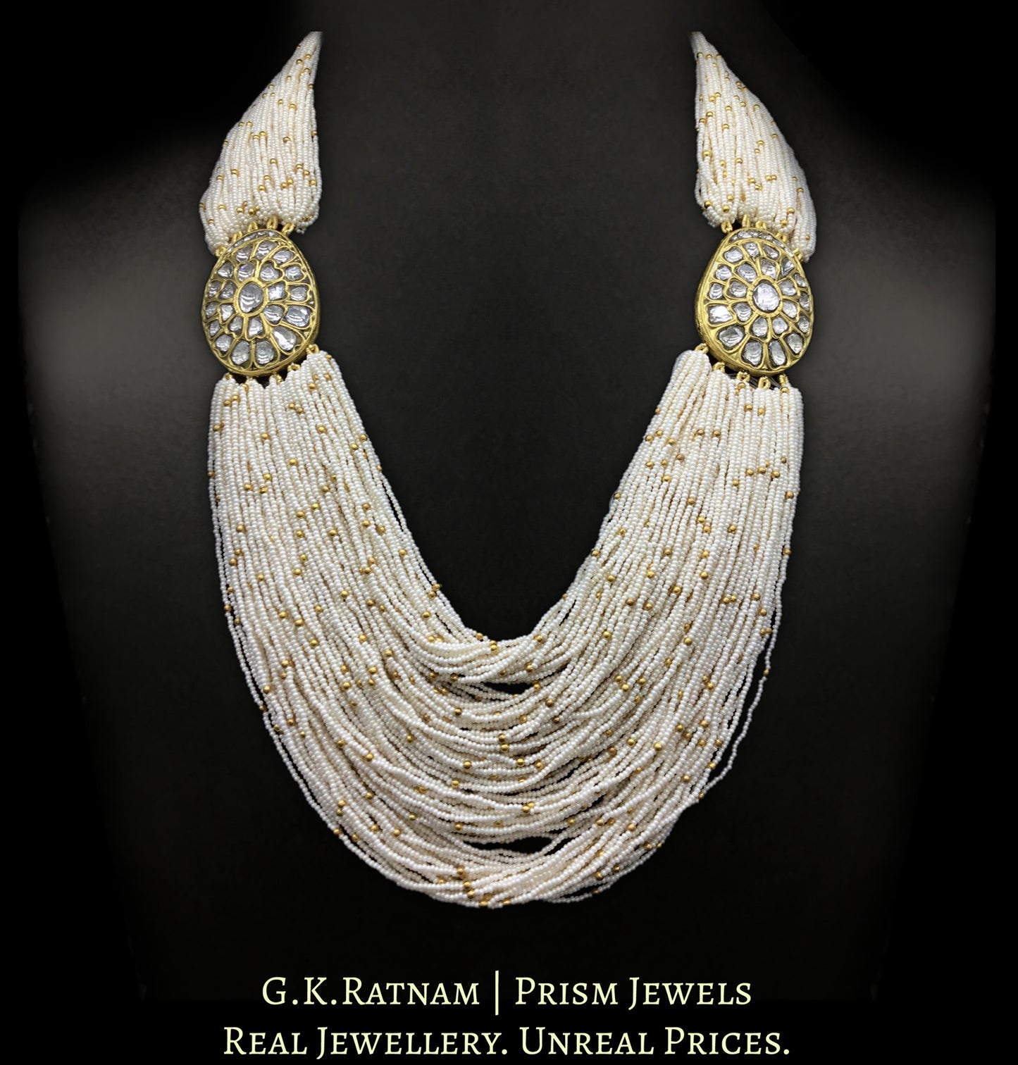 18k Gold and Diamond Polki Broach Necklace Set With Chid Pearl Bunches - G. K. Ratnam