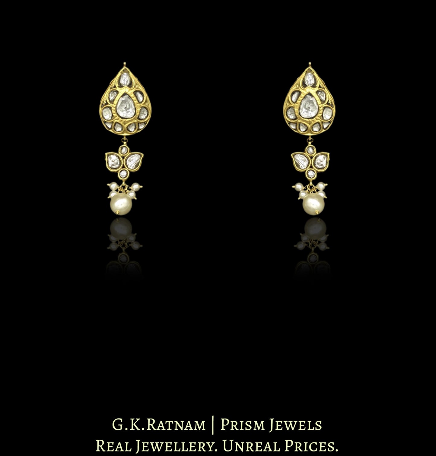 18k Gold and Diamond Polki Broach Necklace Set With Chid Pearl Bunches - G. K. Ratnam