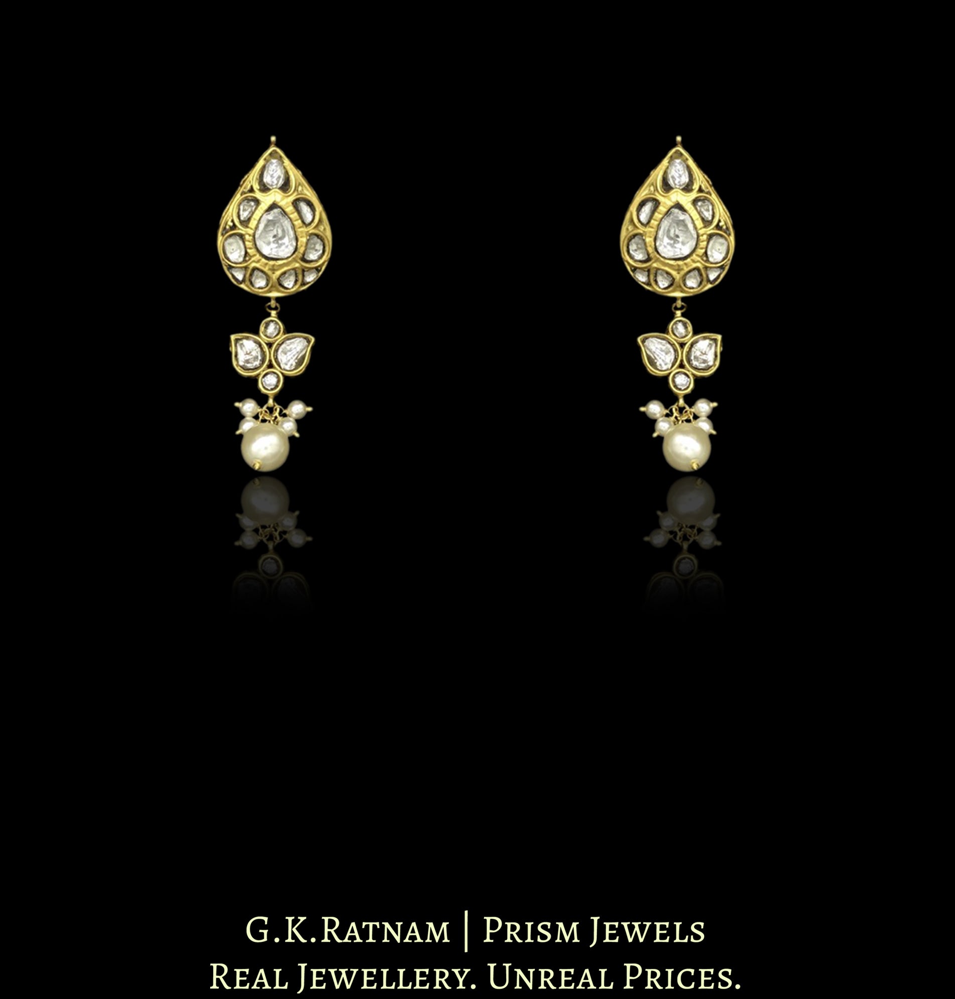 18k Gold and Diamond Polki Broach Necklace Set With Chid Pearl Bunches - G. K. Ratnam