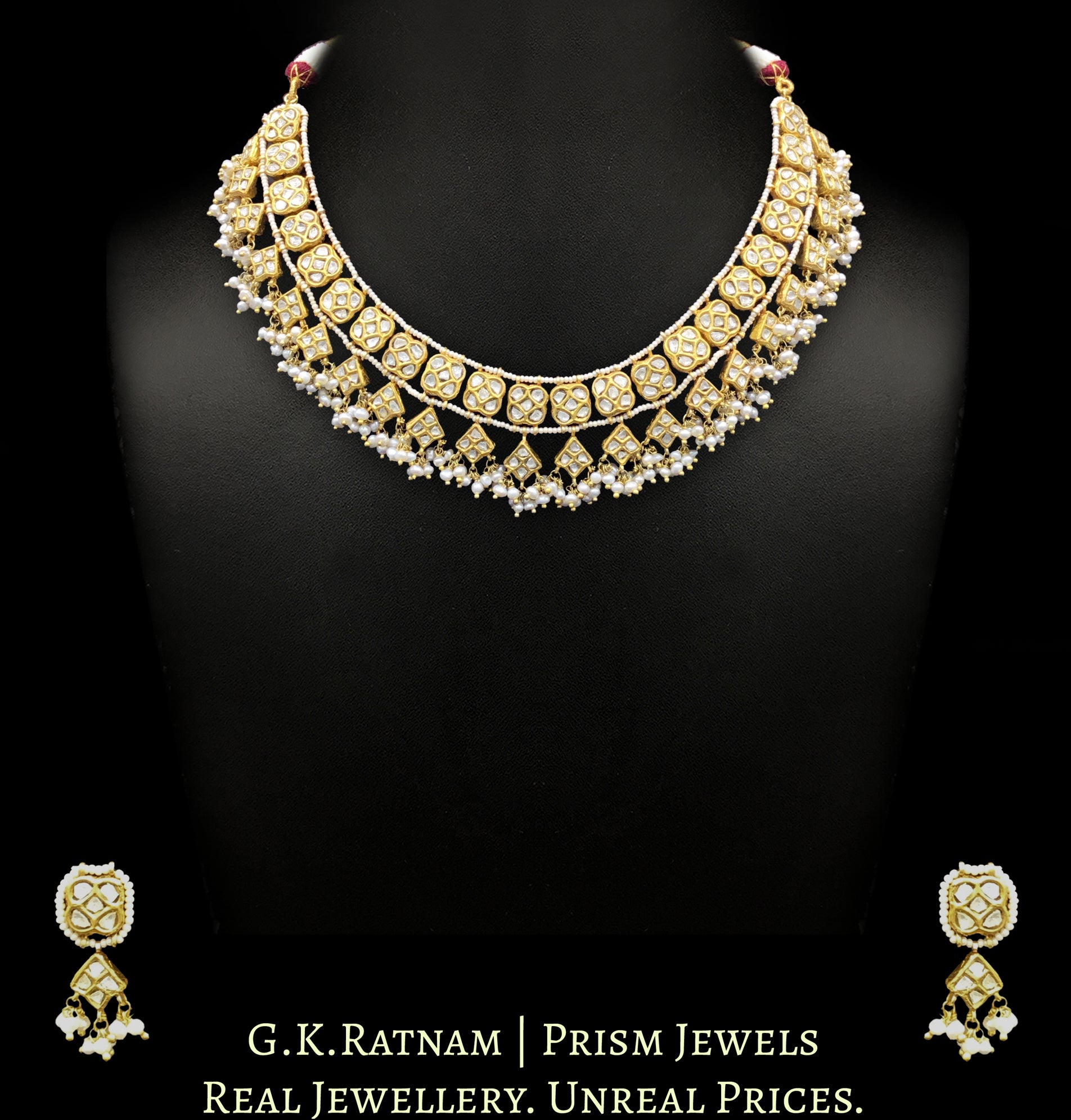 23k Gold and Diamond Polki Necklace Set with Natural Hyderabadi pearl clusters - G. K. Ratnam