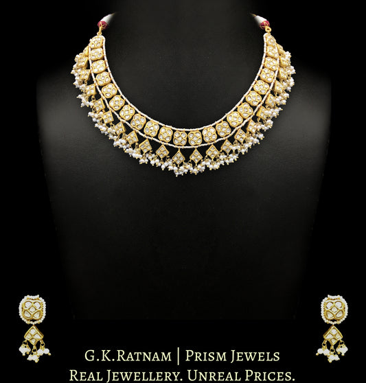 23k Gold and Diamond Polki Necklace Set with Natural Hyderabadi pearl clusters - G. K. Ratnam