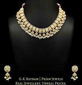 23k Gold and Diamond Polki Necklace Set with Natural Hyderabadi pearl clusters - G. K. Ratnam