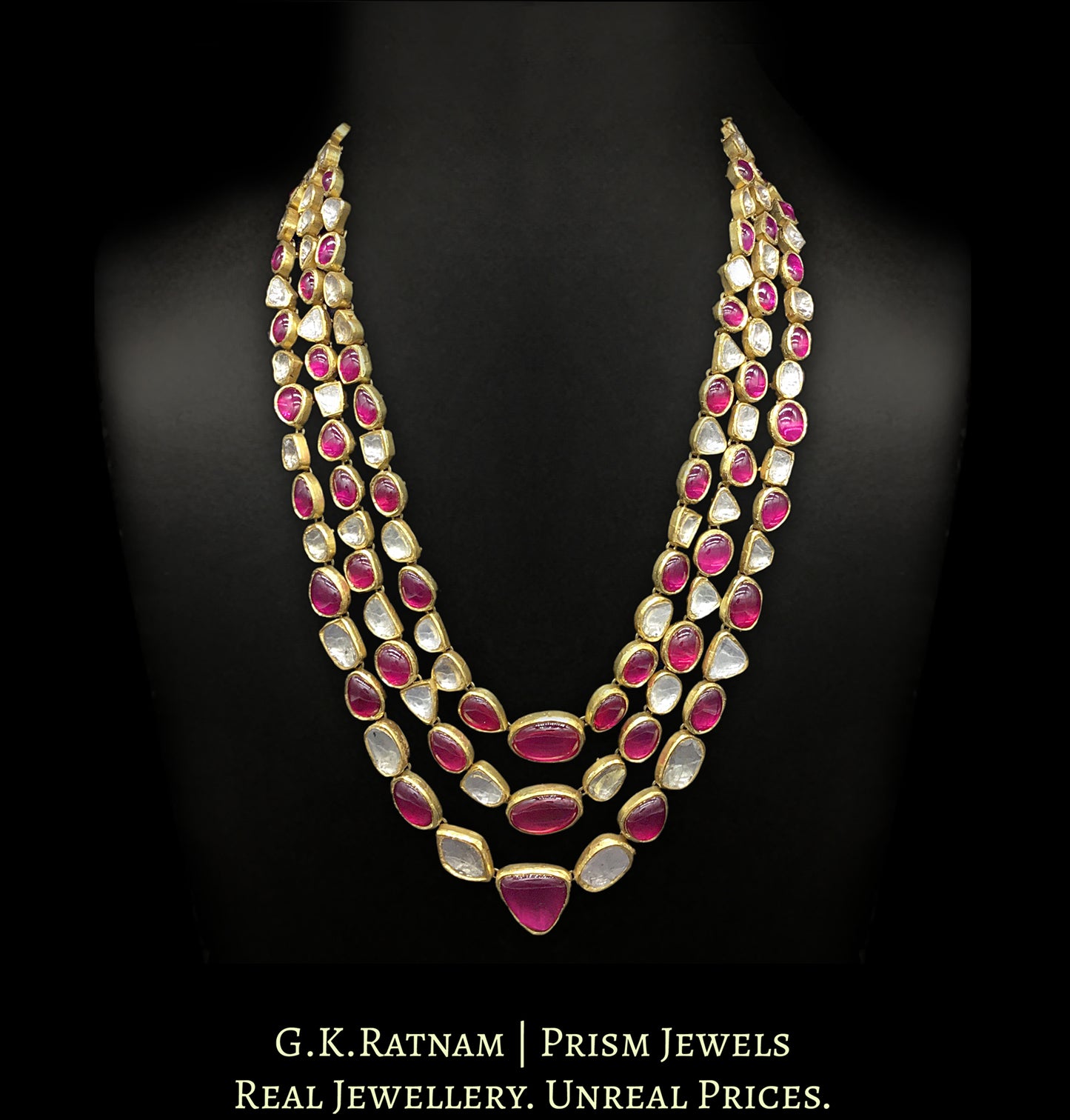 18k Gold and Diamond Polki three-row Necklace with natural rubies and big uncuts