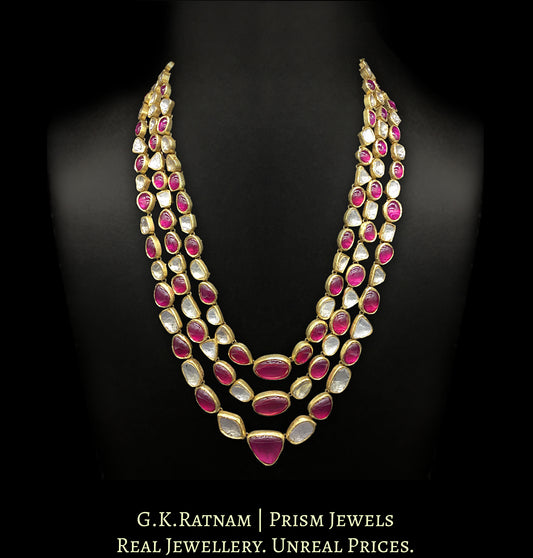 18k Gold and Diamond Polki three-row Necklace with natural rubies and big uncuts