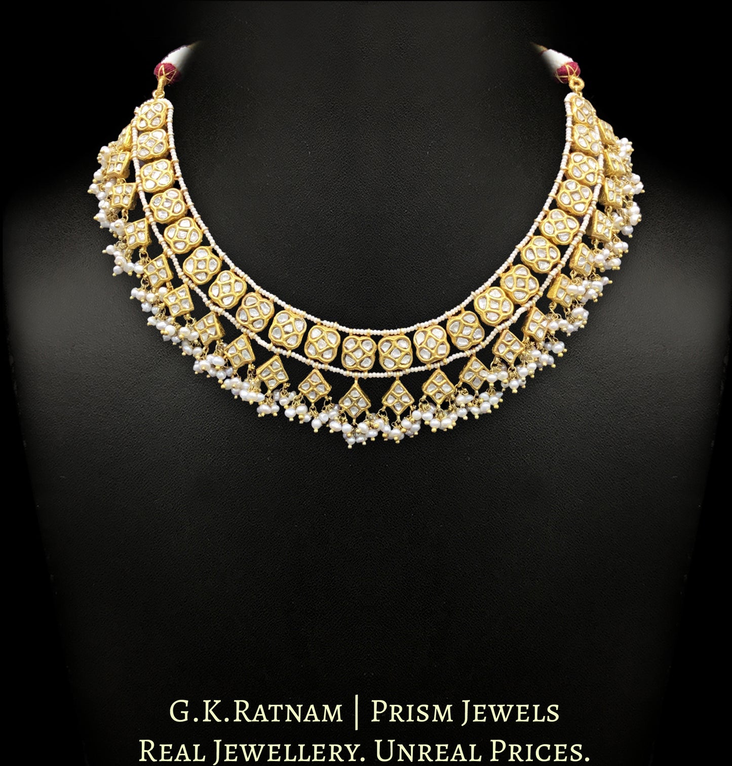 23k Gold and Diamond Polki Necklace Set with Natural Hyderabadi pearl clusters - G. K. Ratnam