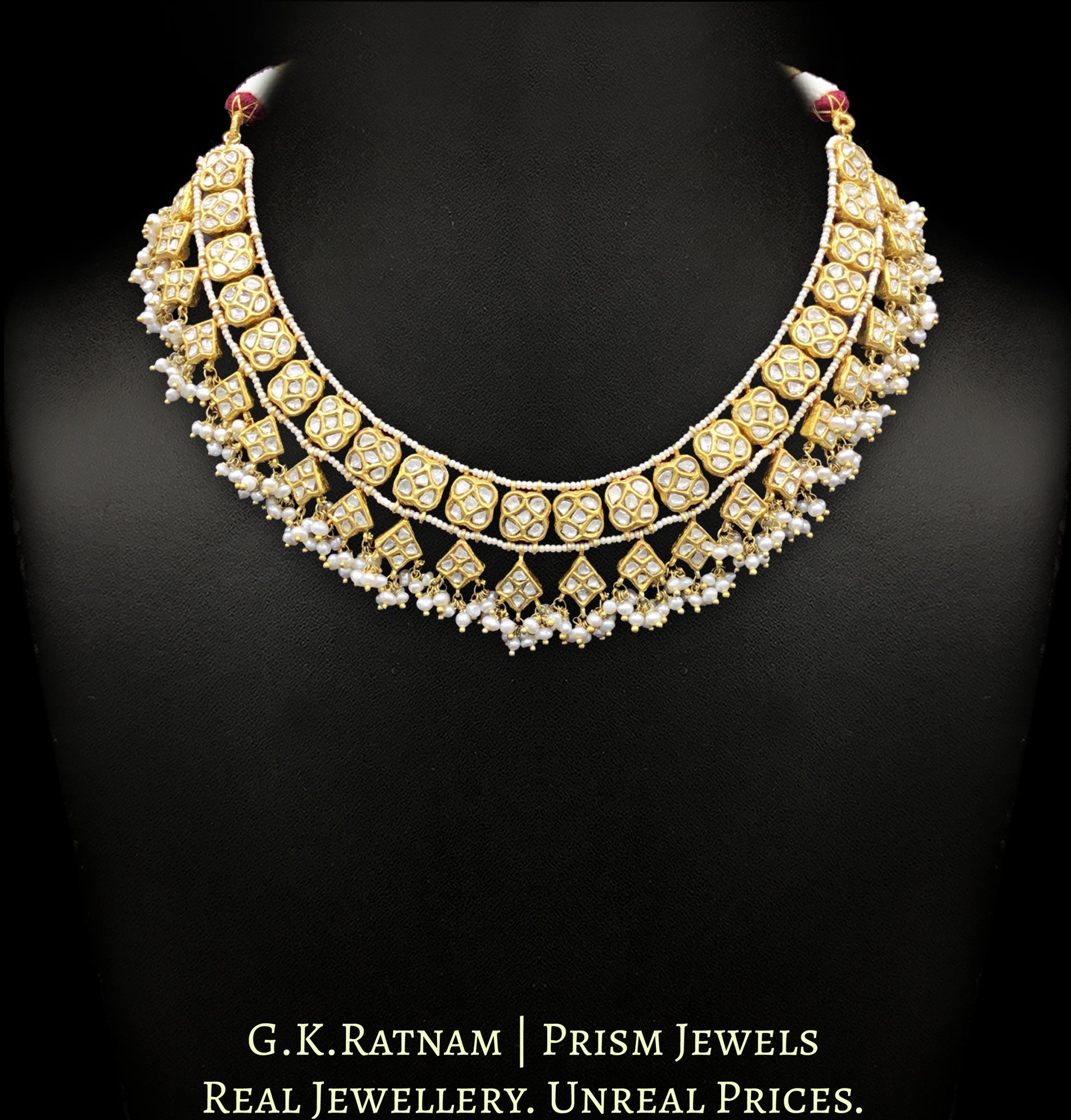 23k Gold and Diamond Polki Necklace Set with Natural Hyderabadi pearl clusters - G. K. Ratnam