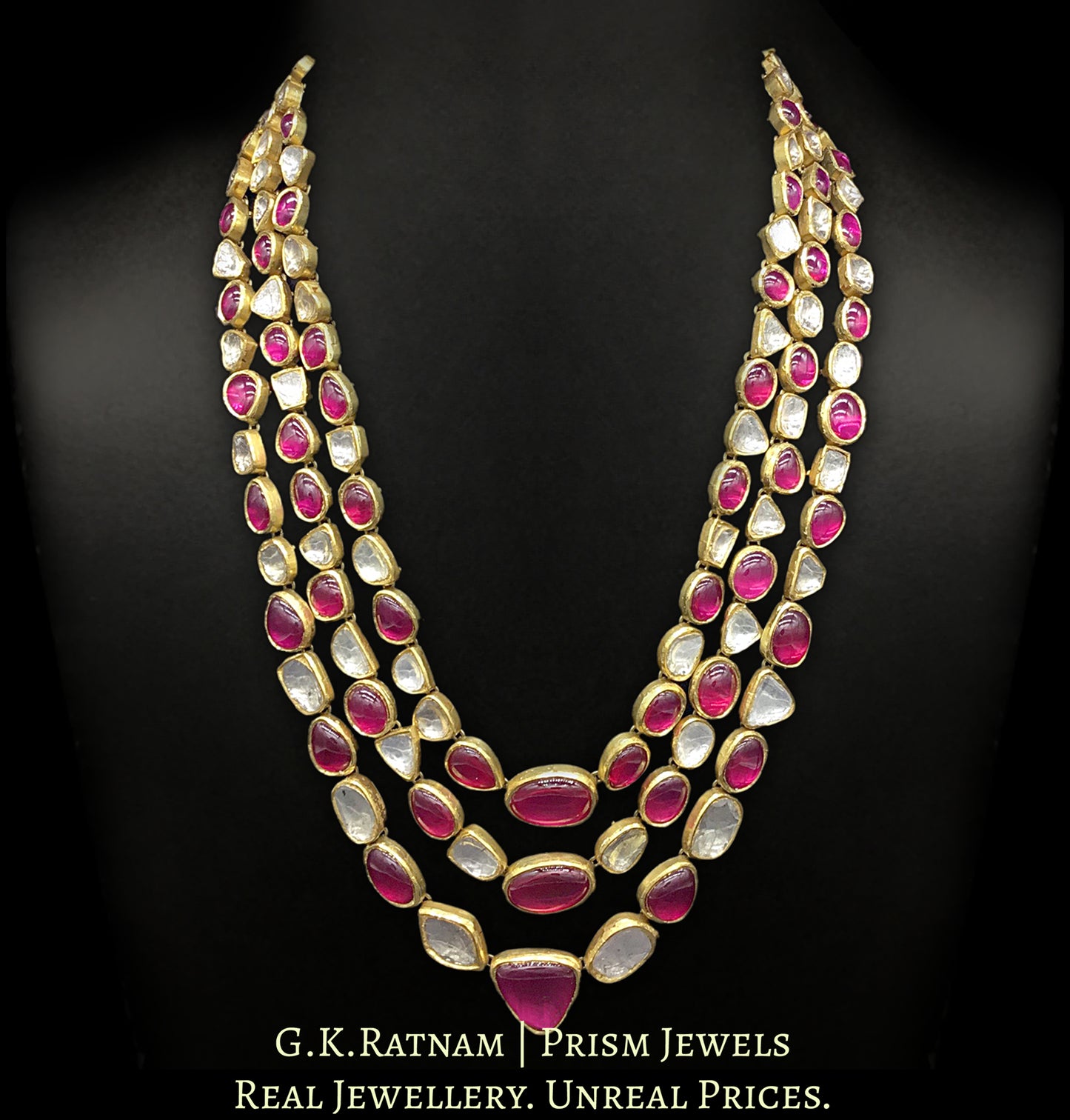 18k Gold and Diamond Polki three-row Necklace with natural rubies and big uncuts
