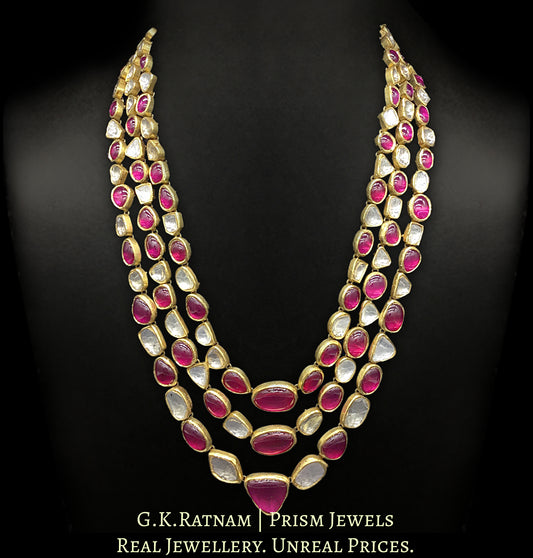 18k Gold and Diamond Polki three-row Necklace with natural rubies and big uncuts