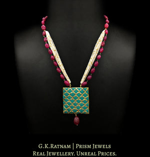 23k Gold and Diamond Polki Reversible Navratna Pendant with Natural Rubies and Chid Pearl bunches - G. K. Ratnam
