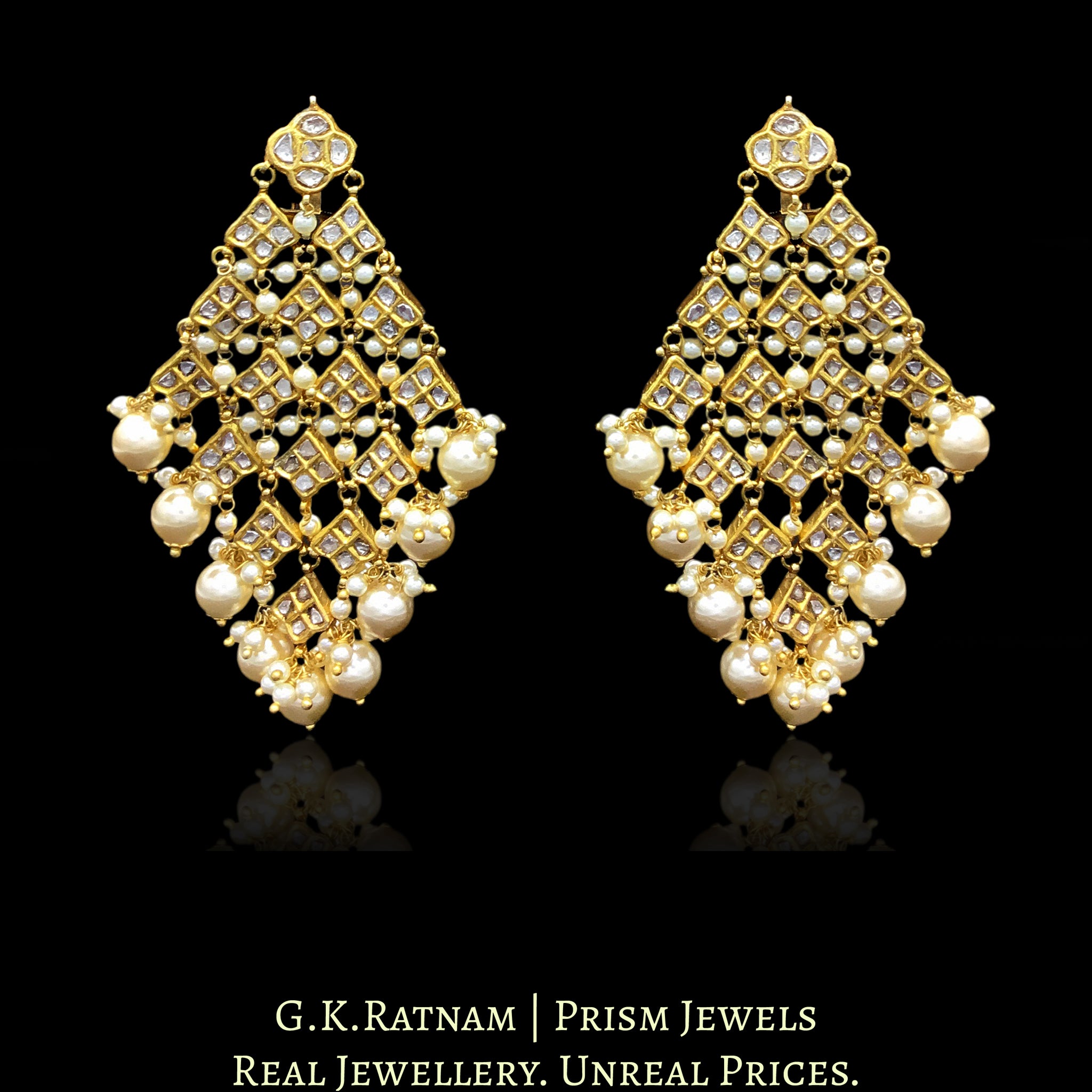 23k Gold and Diamond Polki kite-shaped Chandelier Earring Pair with lustrous pearls - G. K. Ratnam