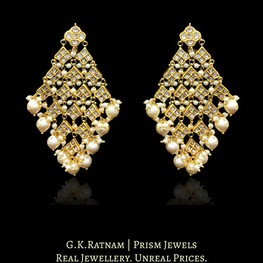 23k Gold and Diamond Polki kite-shaped Chandelier Earring Pair with lustrous pearls - G. K. Ratnam